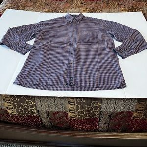 BD Baggies Men SZ Medium Blue Red Gold Plaid Long Sleeve Button Front *TINY FLAW